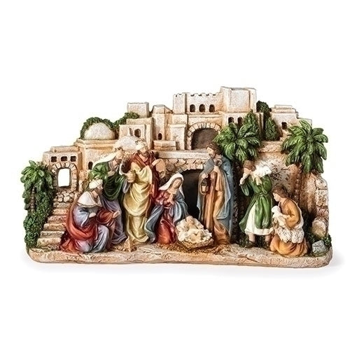 Town Scene with Nativity in Foreground 8" Tall