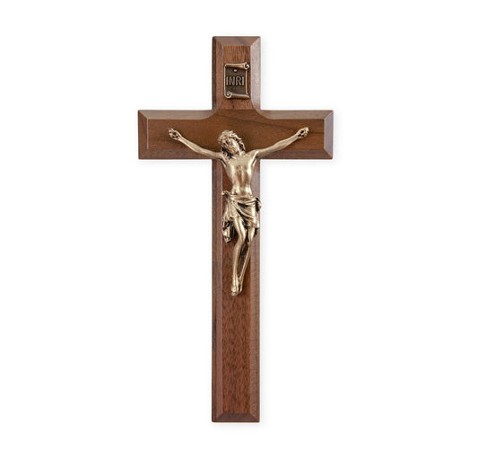 Crucifix 7" Genuine Walnut with Antiqued Gold Corpus