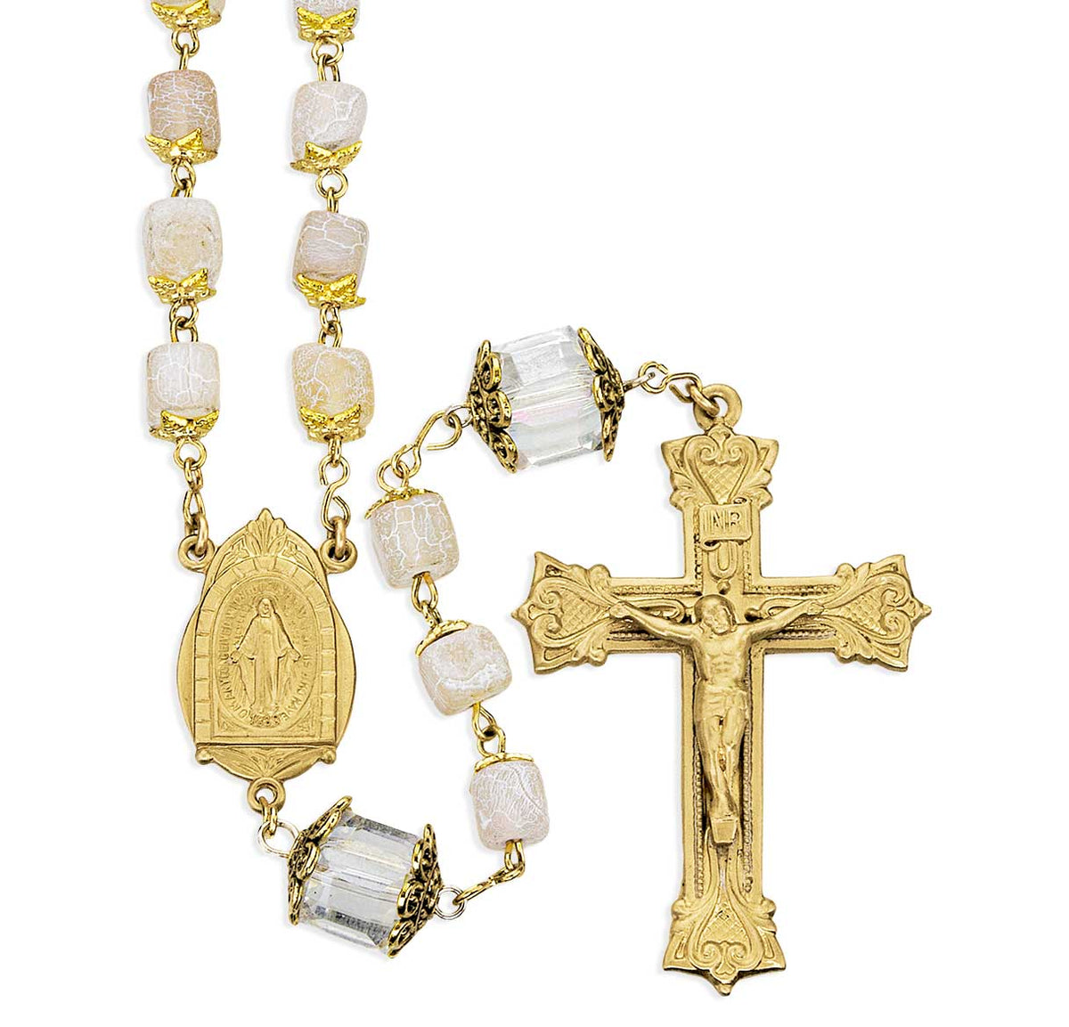7mm Square Mauve Capped Beads Brass Rosary W/10mm Square Double Capped Crystal O.F. Beads
