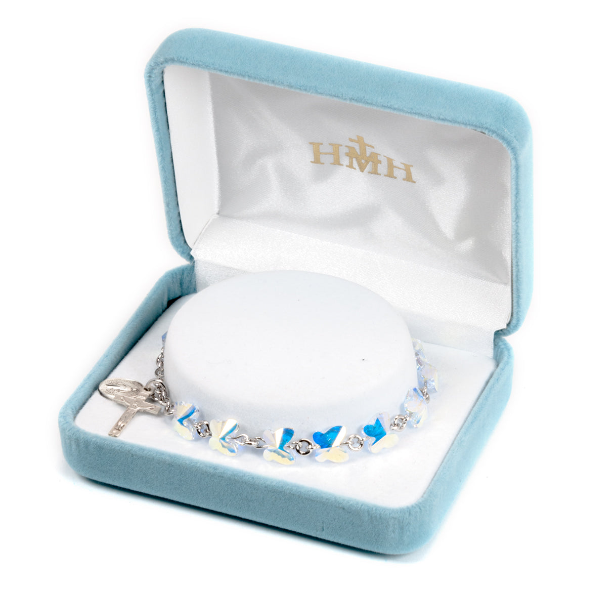 Sterling Silver Rosary Bracelet Created with 8mm Aurora Borealis Finest Austrian Crystal Butterfly Beads by HMH