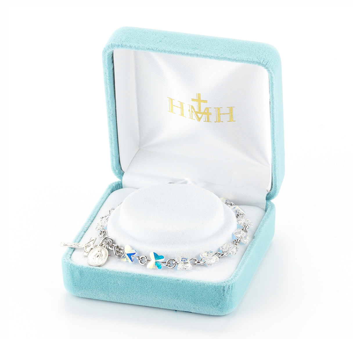 Sterling Silver Rosary Bracelet Created with 6mm Aurora Borealis Finest Austrian Crystal Butterfly Beads by HMH