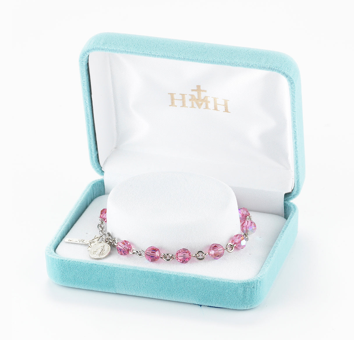 Sterling Silver Rosary Bracelet Created with 6mm Pink Finest Austrian Crystal Round Beads by HMH