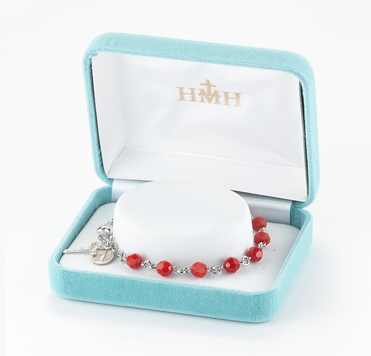Sterling Silver Rosary Bracelet Created with 6mm Coral Finest Austrian Crystal Round Beads by HMH