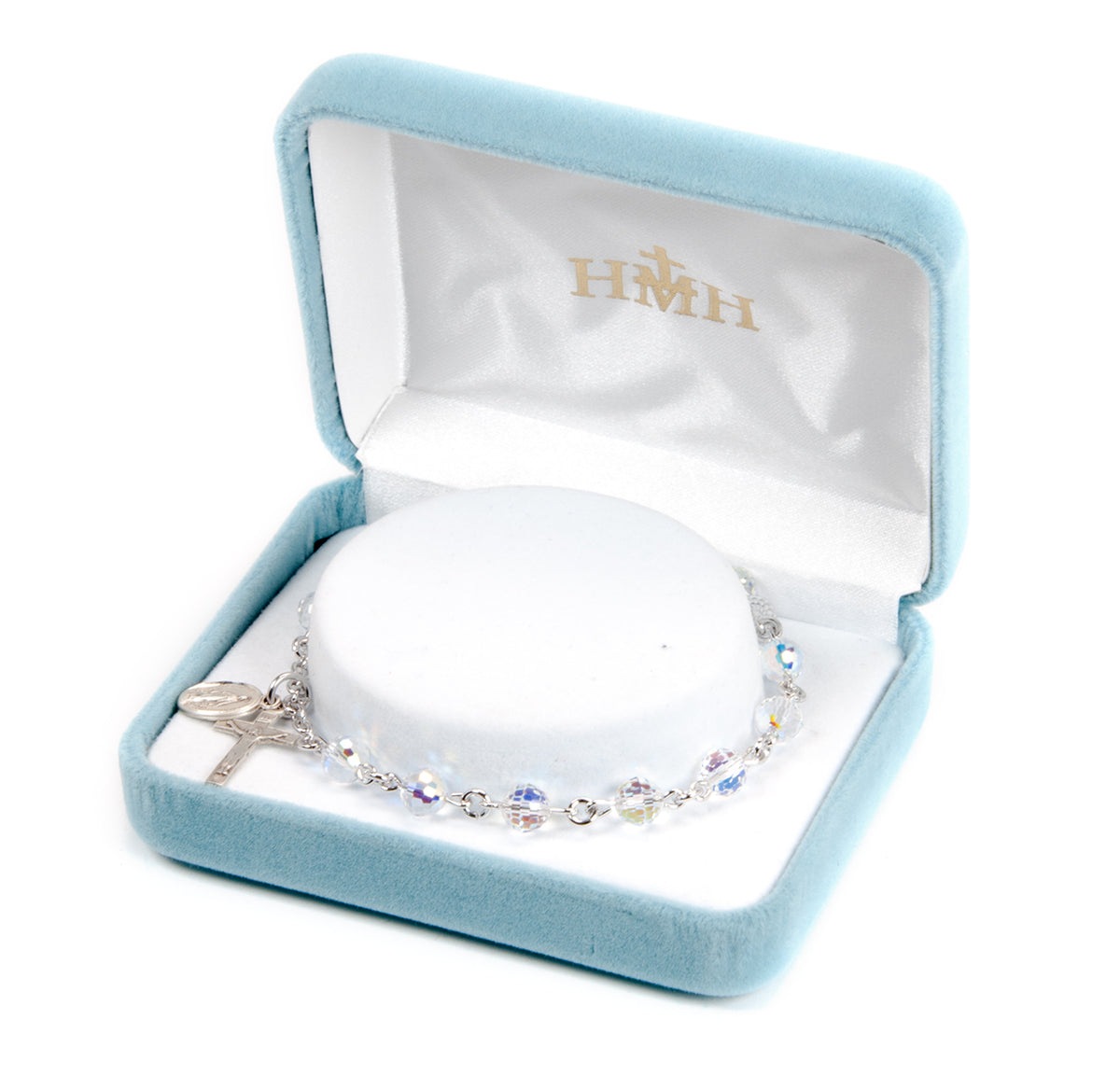 Sterling Silver Rosary Bracelet Created with 8mm Aurora Borealis Finest Austrian Crystal Multi-Faceted Beads by HMH