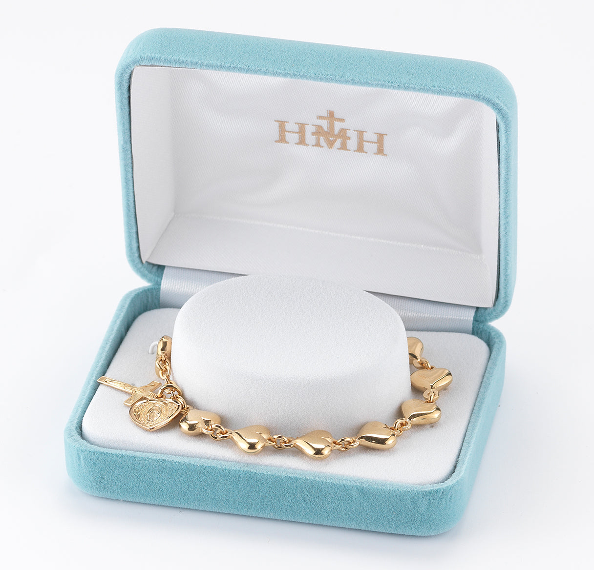 Solid Gold Over Sterling Silver Polished Heart Rosary Bracelet