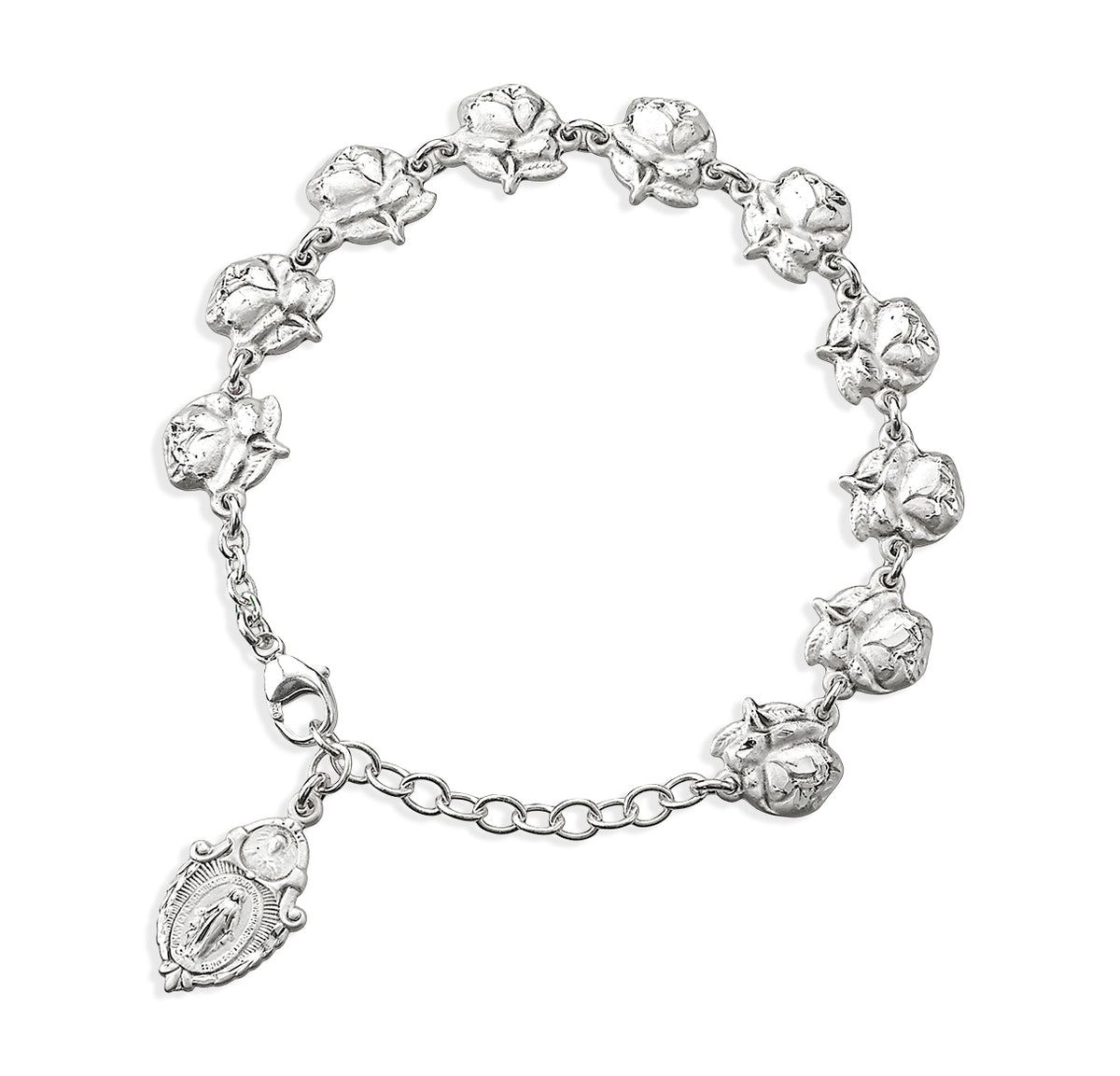 Pierced Miraculous Medal Heart Sterling Silver Rosary Bracelet