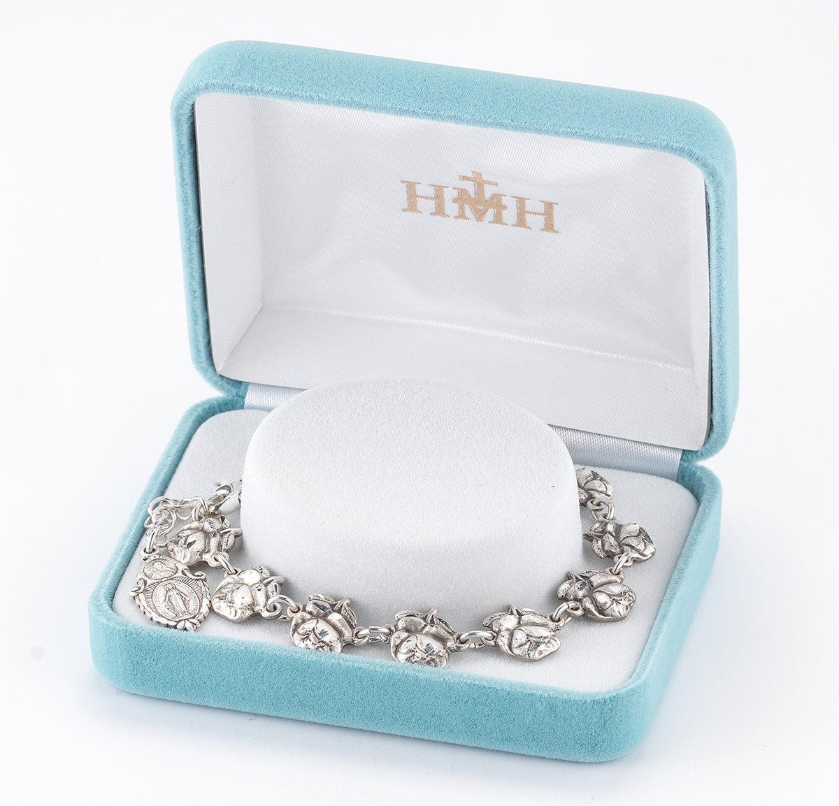 Pierced Miraculous Medal Heart Sterling Silver Rosary Bracelet