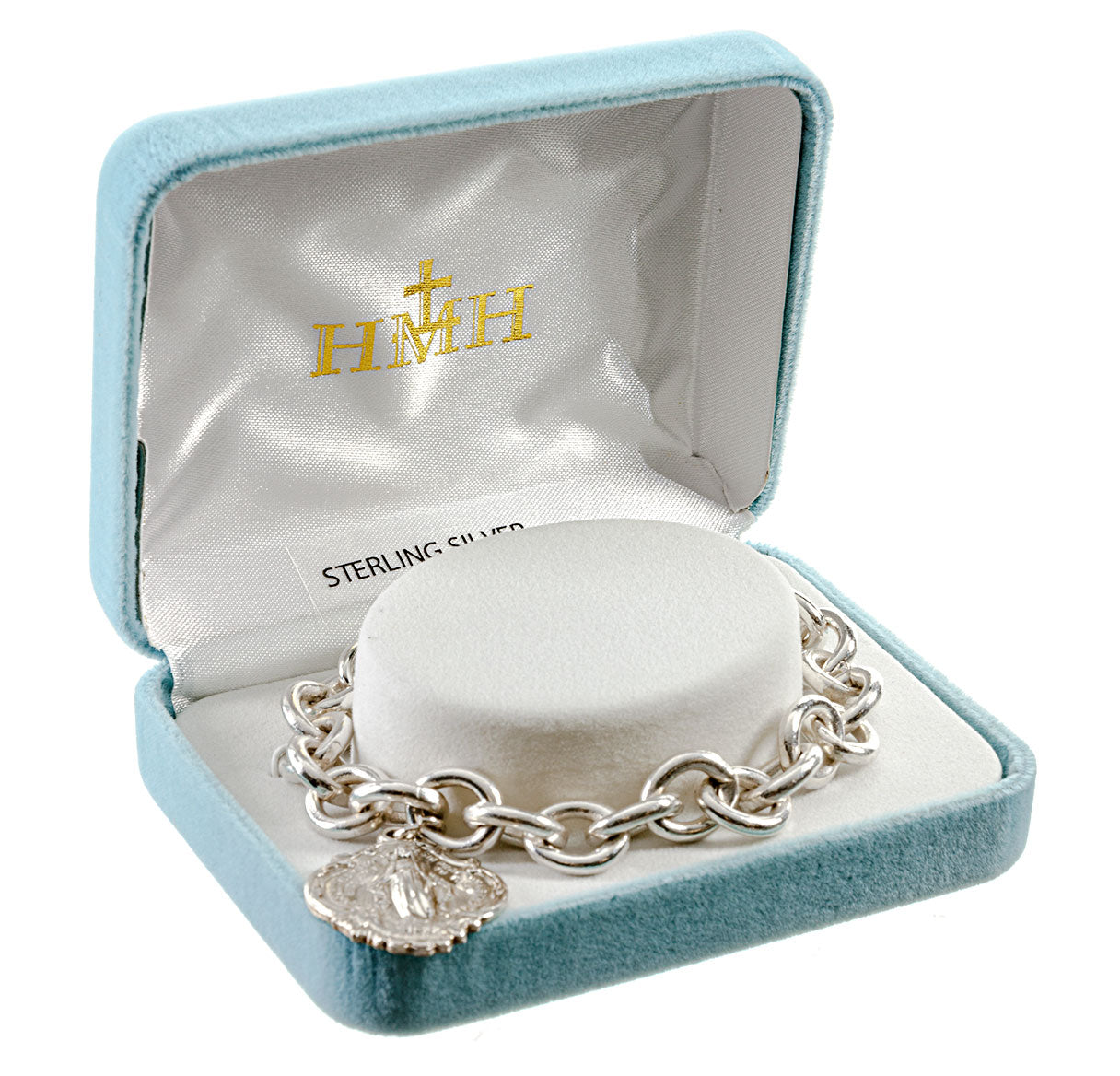 Extra Heavy Solid Sterling Silver Link Style Bracelet with Hail Mary Miraculous Charm