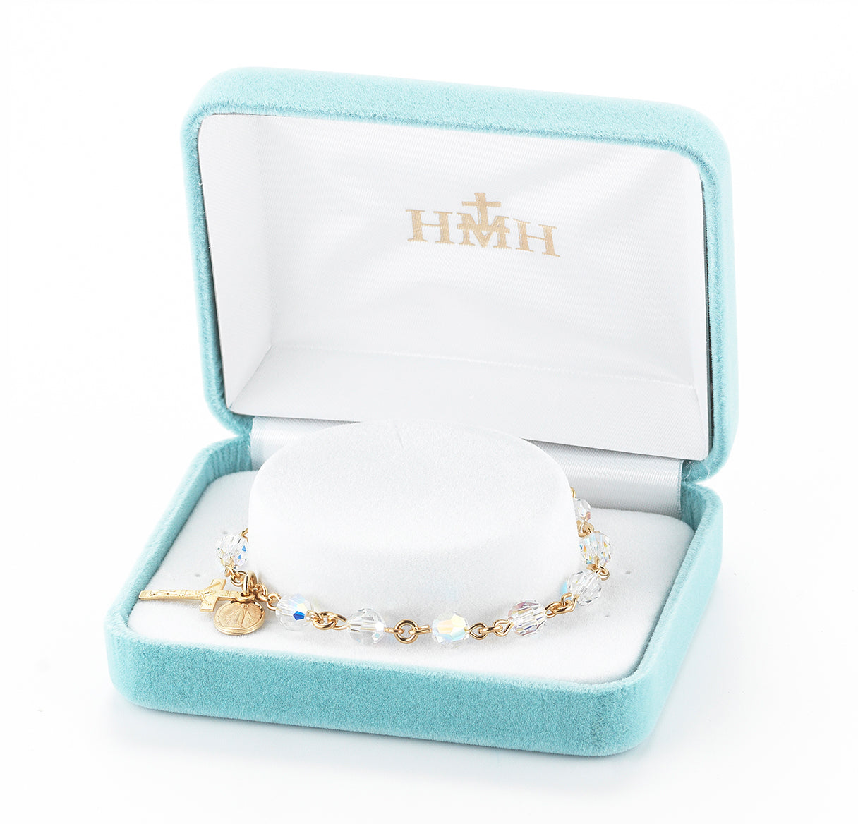 Gold Plated Rosary Bracelet Created with 6mm Aurora Borealis Finest Austrian Crystal Round Beads by HMH