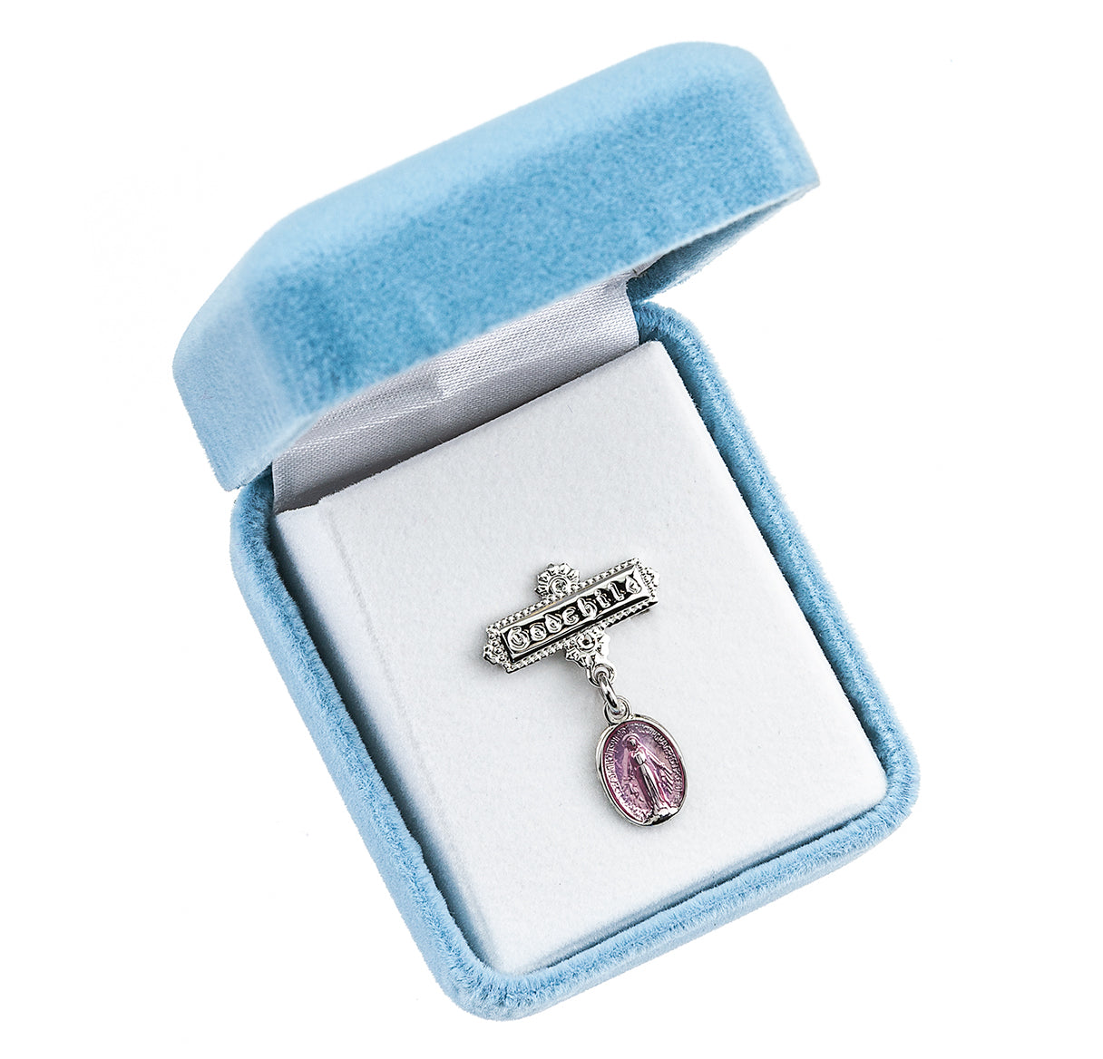 Pink Enameled Oval Sterling Silver Baby Miraculous Baby Medal on a Godchild Bar Pin