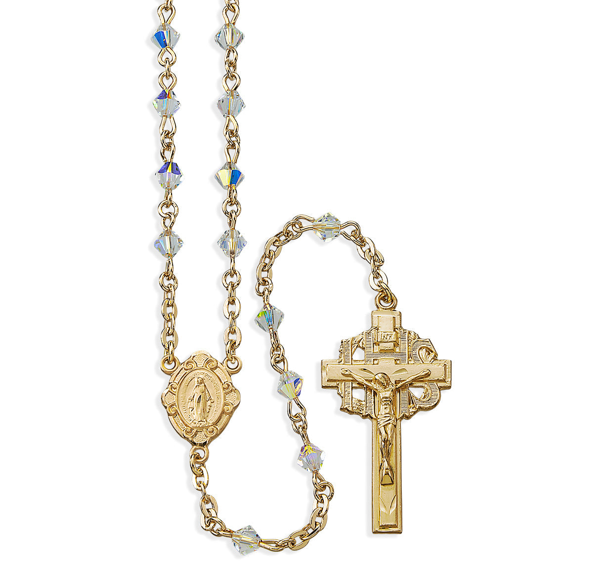 4mm Finest Aurora Crystal Gold Plated B-Cone Beads with Gold Over Sterling Crucifix and Center