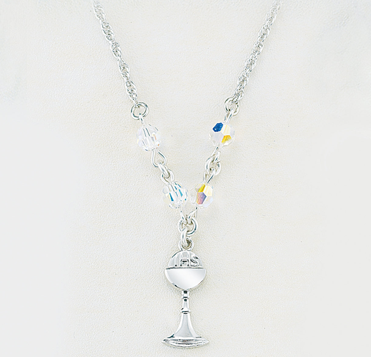 Sterling Silver Chalice Necklace Adorned with 5mm Aurora Borealis Finest Austrian Crystal Beads