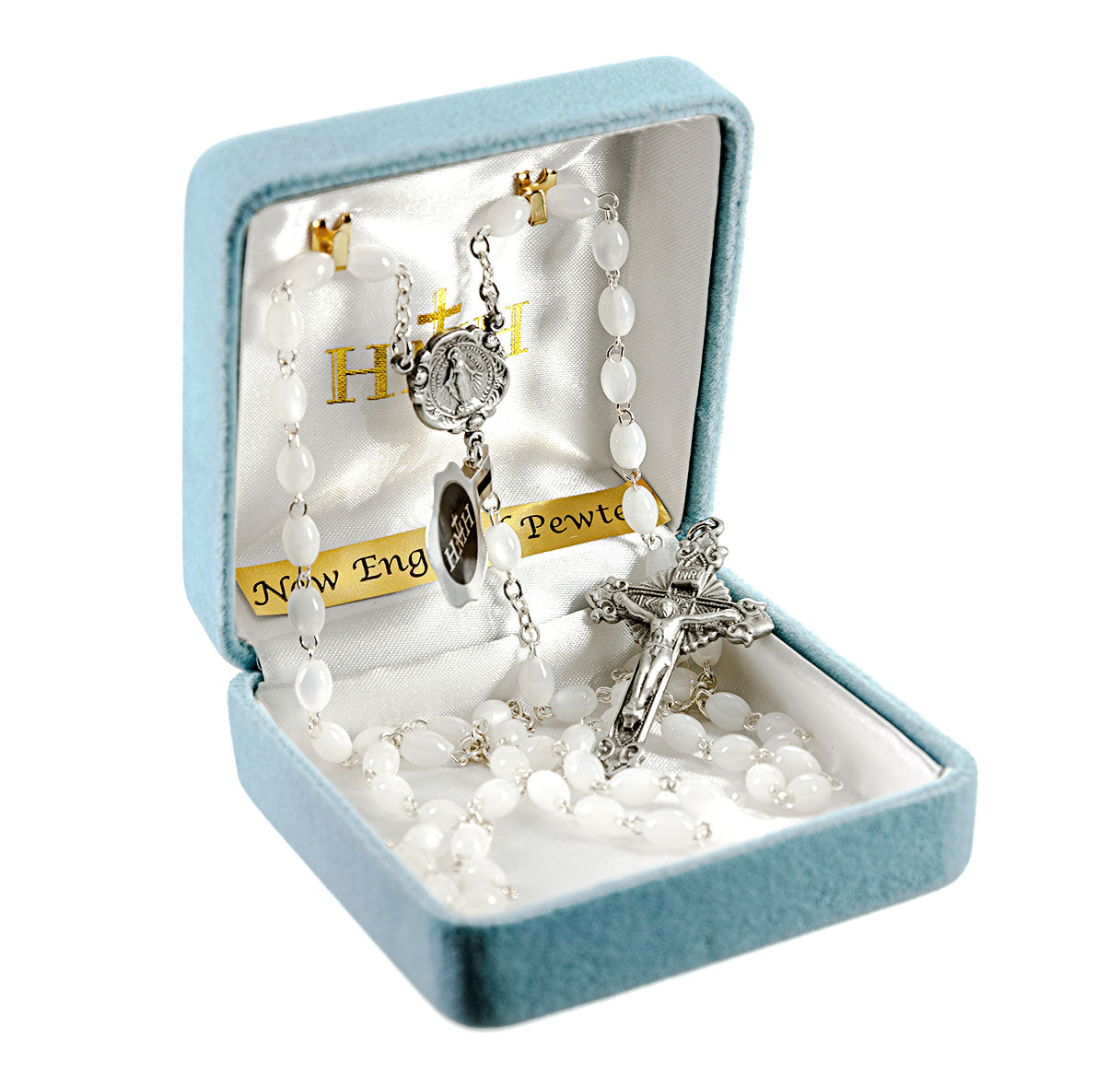 White Imitation Mother of Pearl New England Pewter Rosary