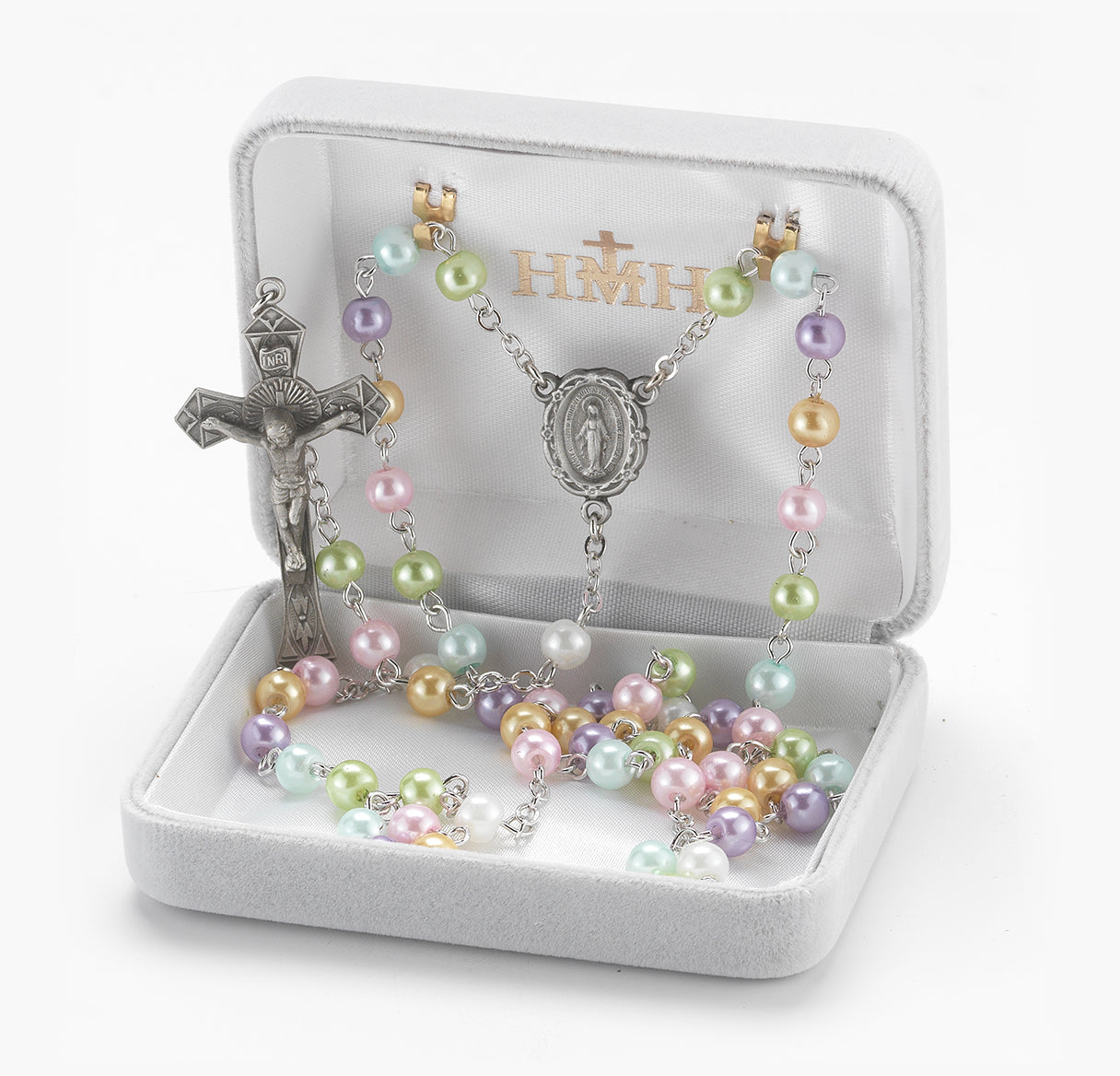 6mm Pearlized Multi-Color Beads with Pewter Crucifix and Center