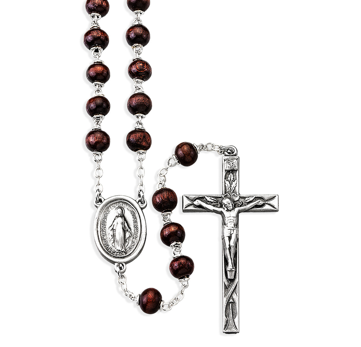 6x9mm Maroon Oval Wood Bead Rosary with Carved O.F. Beads and Pewter Crucifix and Center