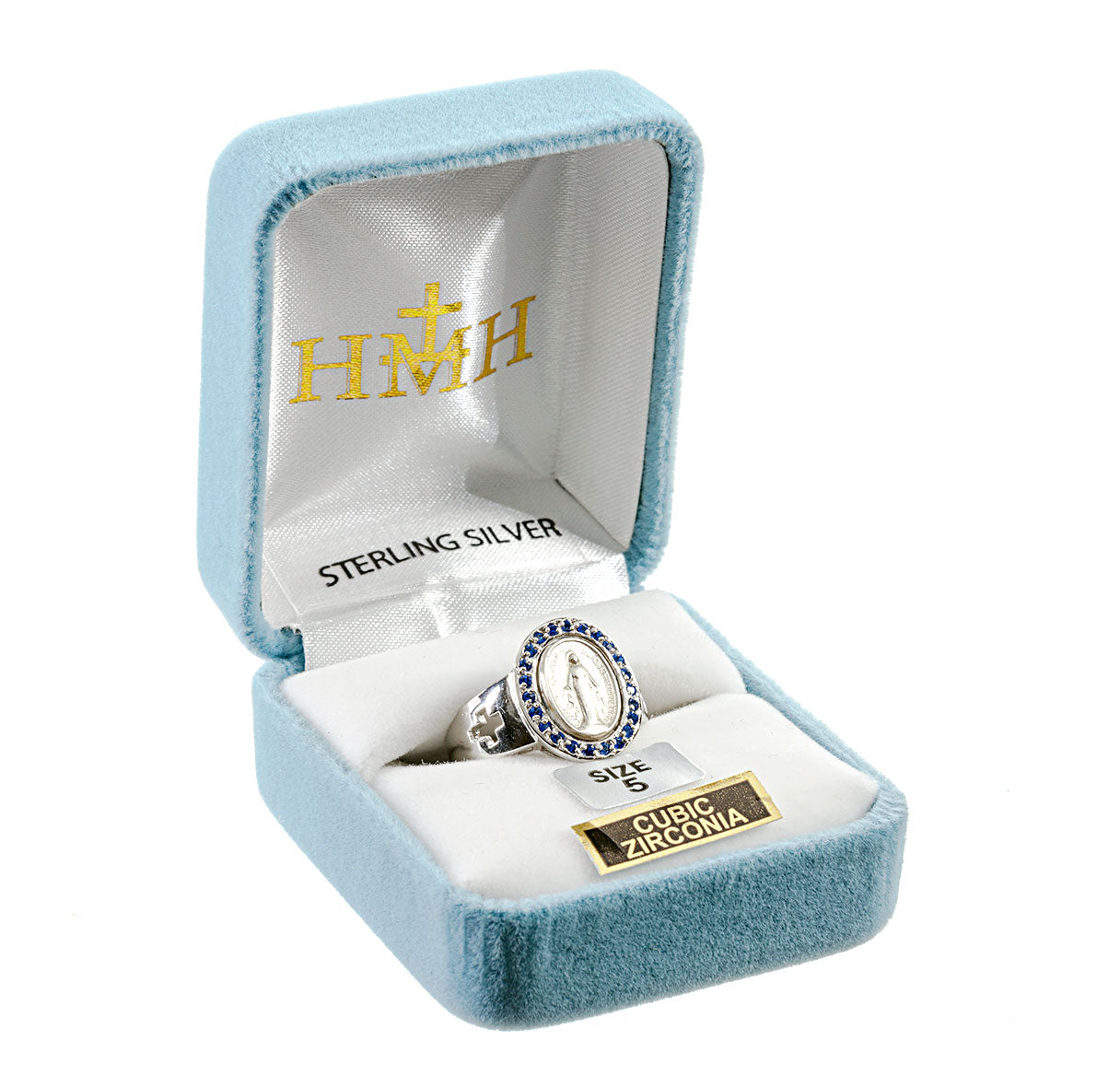 Sterling Silver Miraculous Medal Sapphire Cubic Zirconia Ring Size 6