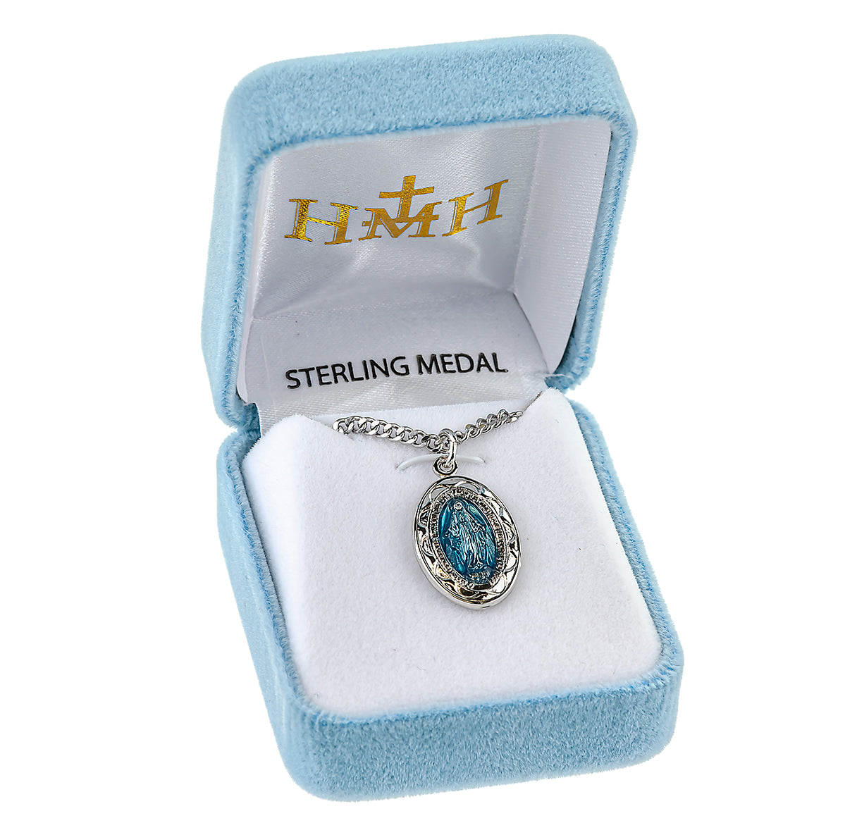 Sterling Silver Oval Blue Enameled Miraculous Medal