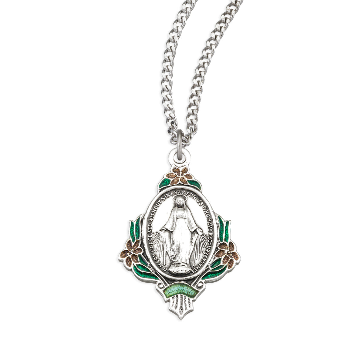 Sterling Silver Miraculous Medal with Pink Epoxy Flowers