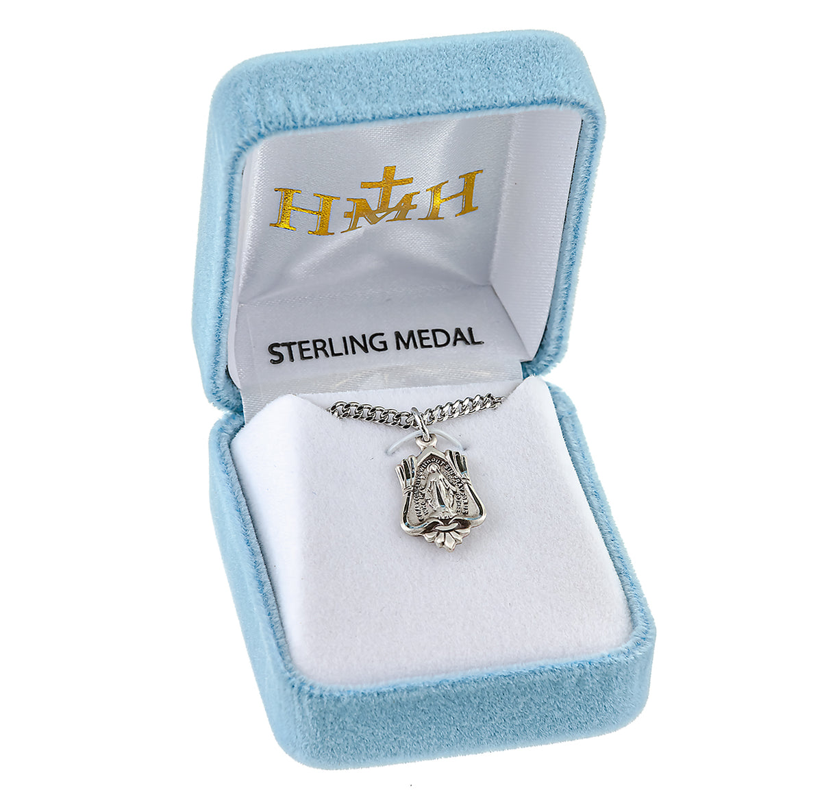 Sterling Silver Oval Miraculous Medal Set with Light Sapphire Crystals