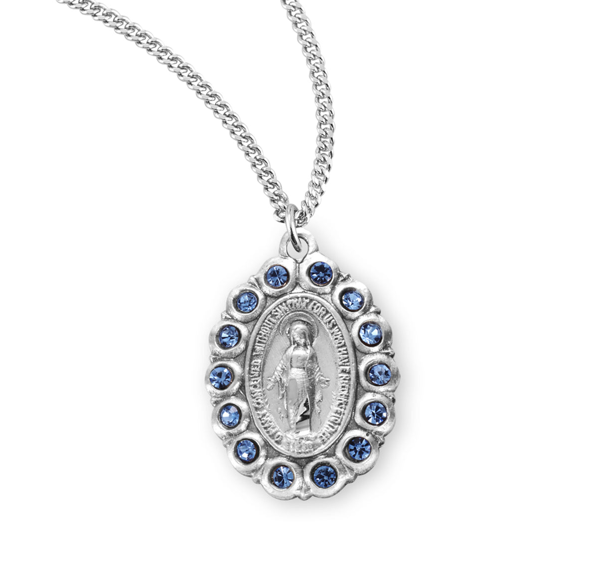 Sterling Silver Oval Miraculous Medal Set with Light Sapphire Crystals