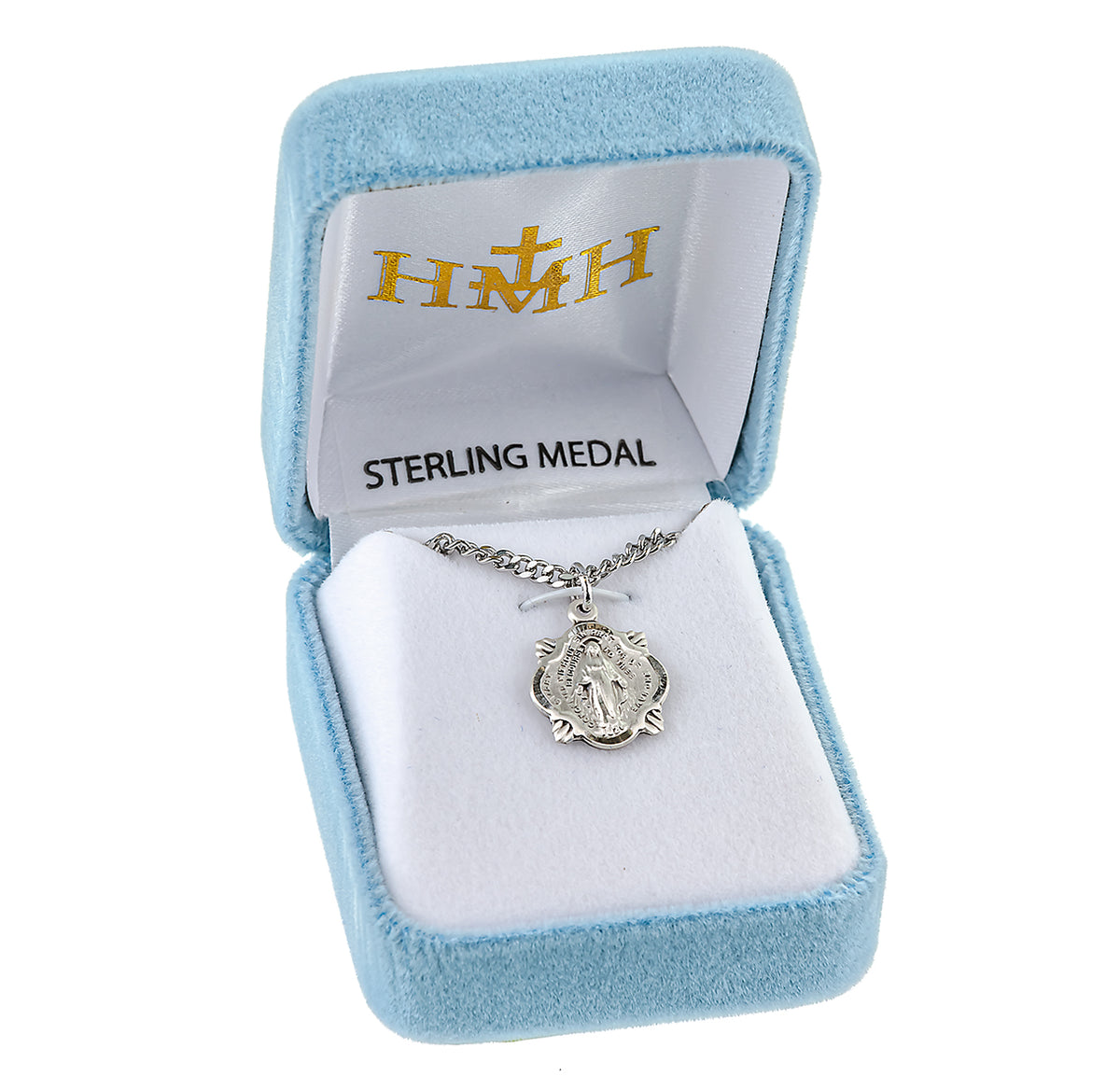 Sterling Silver Oval Miraculous Medal Set with Light Sapphire Crystals