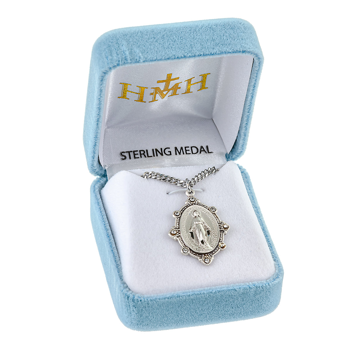 Sterling Silver Oval Miraculous Medal Set with Clear Crystals