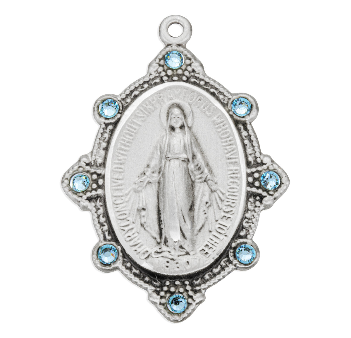 Sterling Silver Oval Miraculous Medal Set with Light Sapphire Crystals