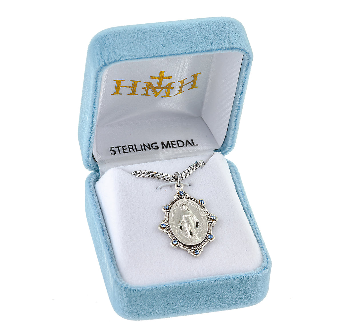 Sterling Silver Oval Miraculous Medal Set with Pink Crystals