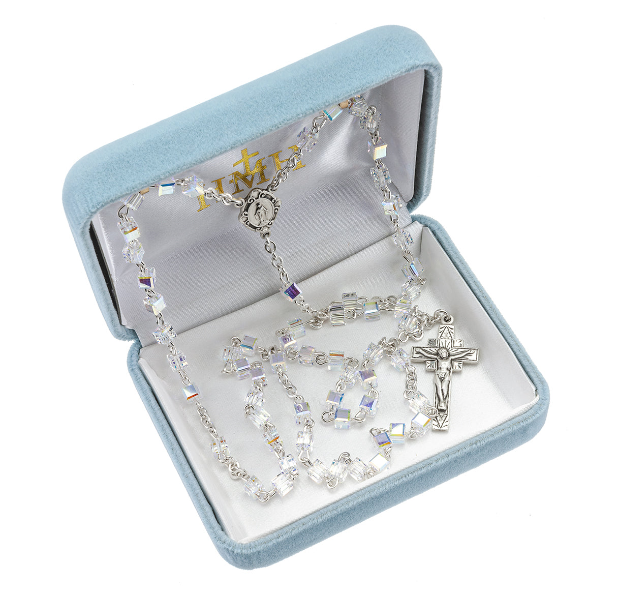 Sterling Silver Rosary handmade with finest Austrian Crystal 4mm Aurora Borealis Cube Shape Beads by HMH