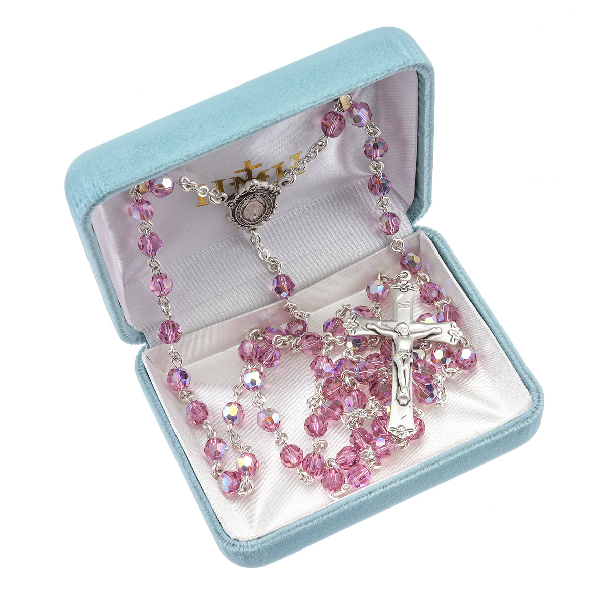 Sterling Silver Rosary Hand Made with finest Austrian Crystal 6mm Pink Faceted Round Beads by HMH
