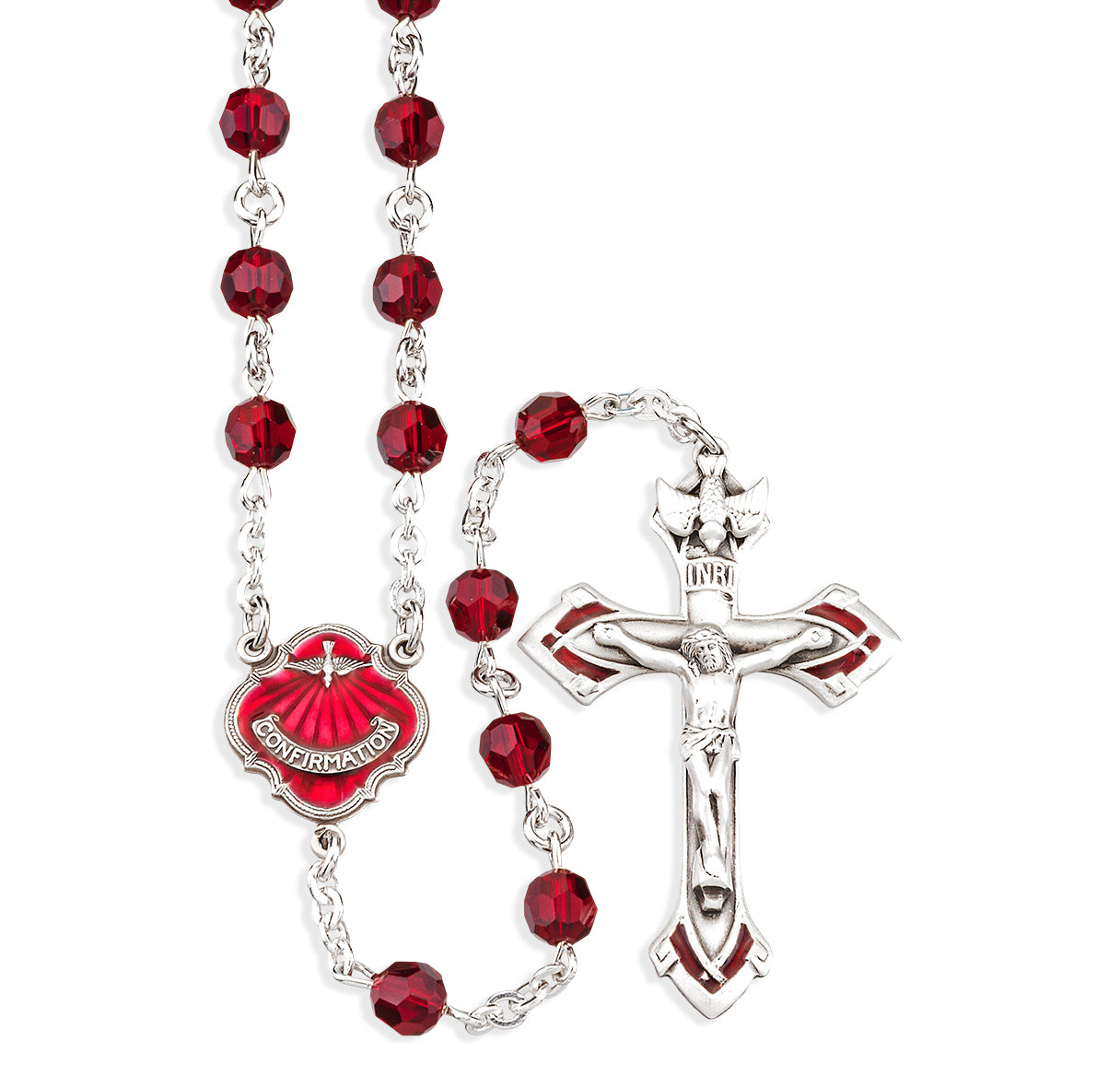 Sterling Silver Holy Spirit Rosary made with Finest 6mm Crystal Ruby Beads