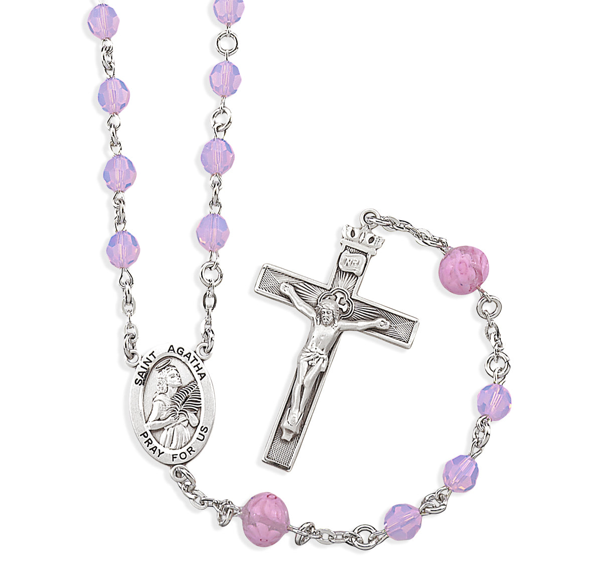 6mm Finest Rose Opal Crystal Faceted Round Beads with 8mm Pink Rose Our Father Bead with St. Agatha Centerpiece