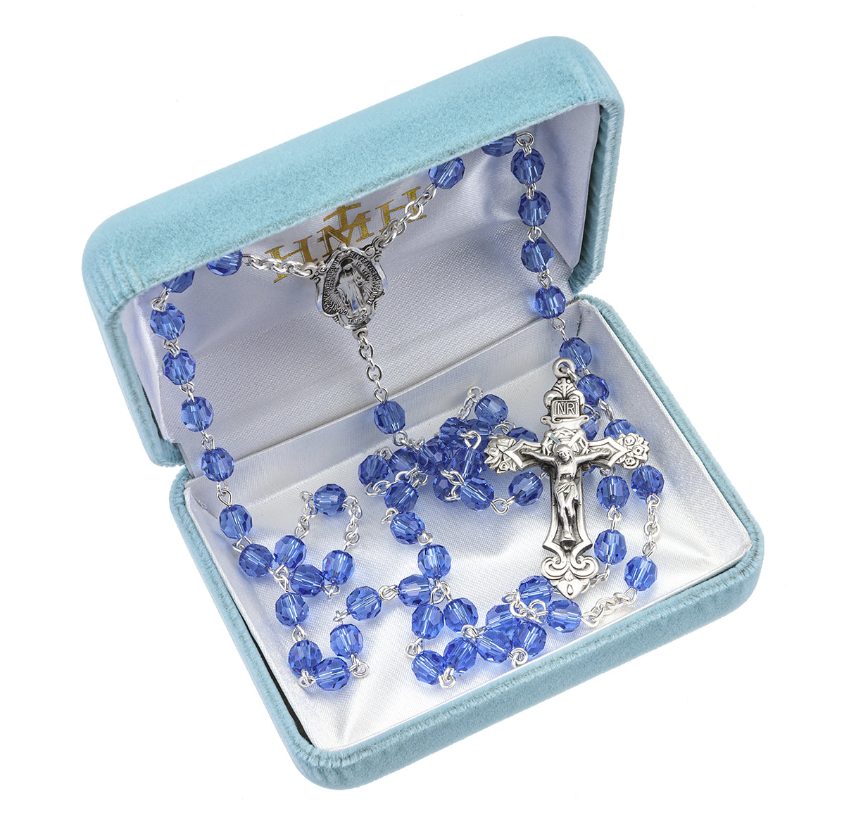 Sterling Silver Rosary Hand Made with finest Austrian Crystal 6mm Sapphire Faceted Round Beads by HMH