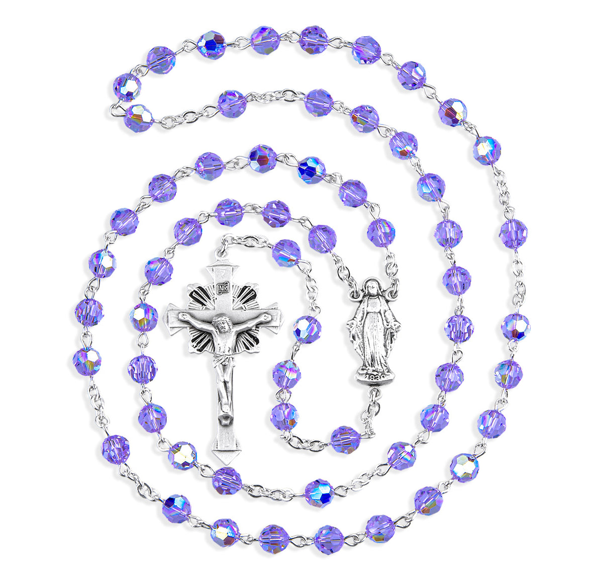 Sterling Silver Rosary Hand Made with finest Austrian Crystal 6mm Violet Faceted Round Beads by HMH