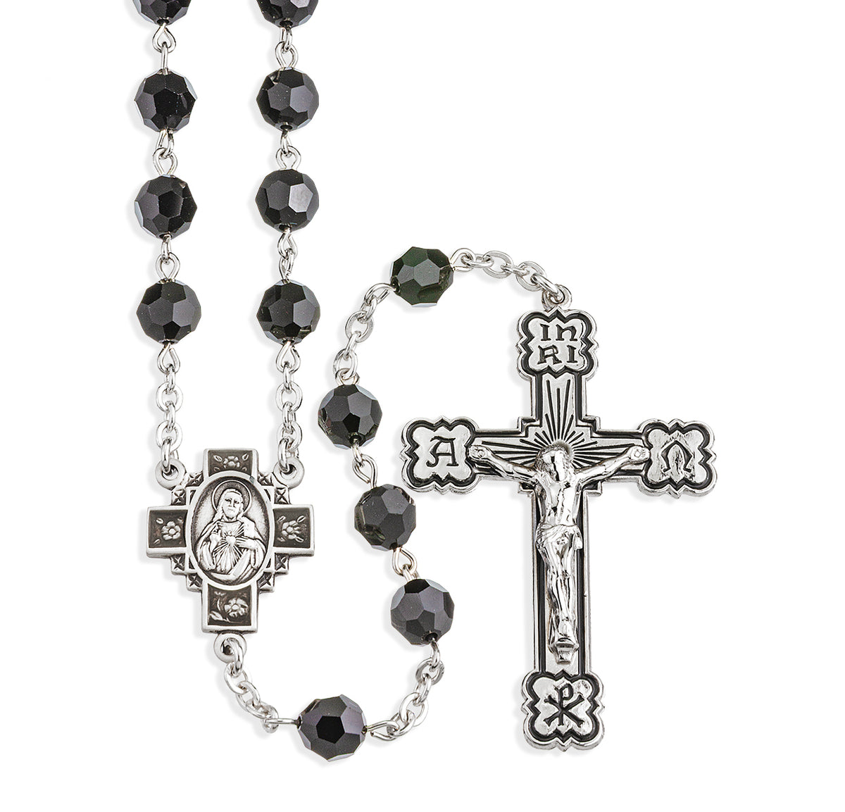 Sterling Silver Rosary Hand Made with finest Austrian Crystal 6mm Jet Faceted Round Beads by HMH