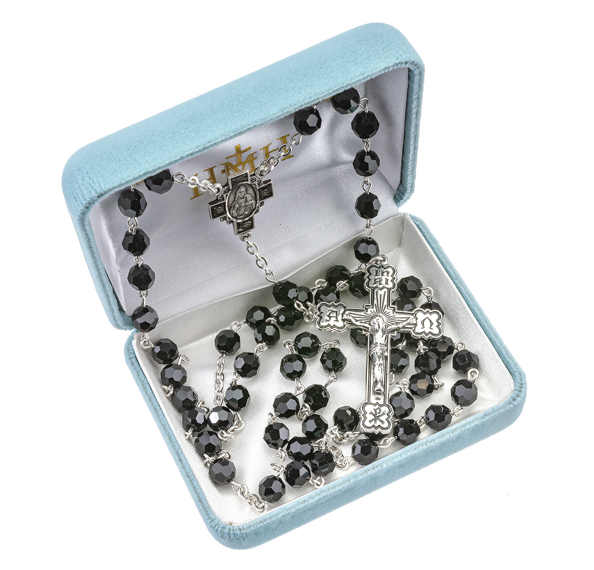 Sterling Silver Rosary Hand Made with finest Austrian Crystal 6mm Jet Faceted Round Beads by HMH