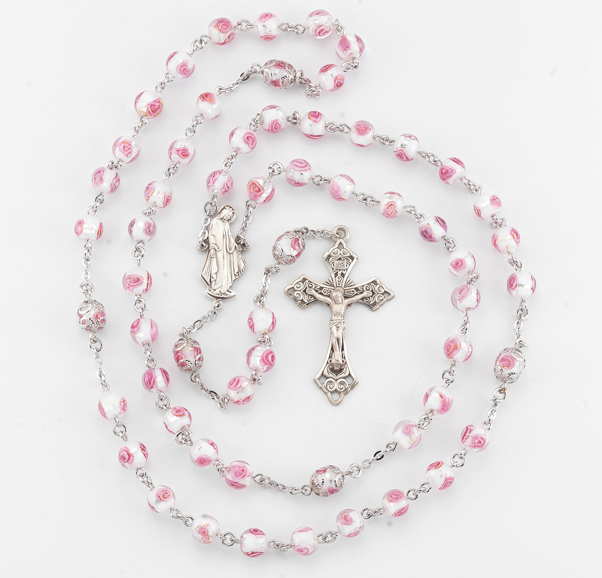 8mm Pink Rose Embedded Glass Beads with Double Capped "Our Father" Beads