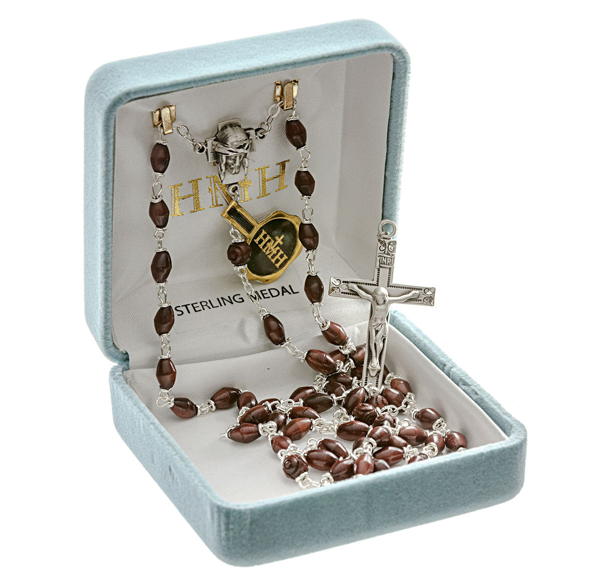 Maroon Oval Cocoa Bead Confirmation Rosary Sterling Crucifix and Centerpiece