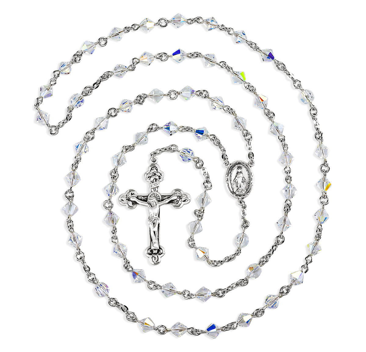 6mm Finest Aurora Crystal Bi-Cone Beads with 6mm Faceted Round Finest Aurora Crystal O.F. Beads