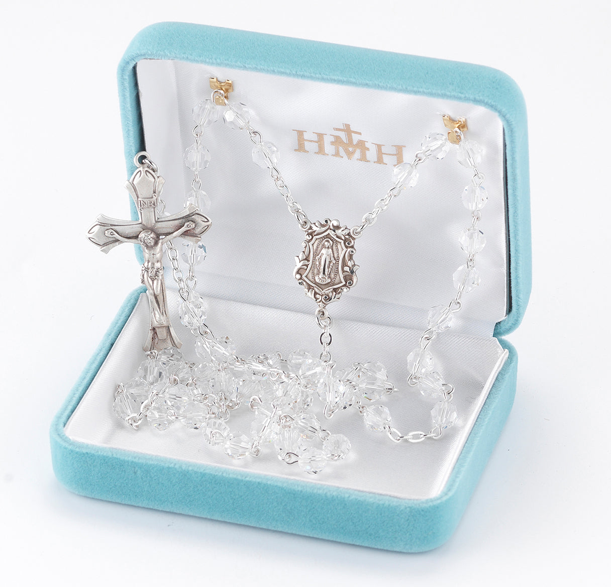Rosary Sterling Crucifix and Centerpiece Created with finest Austrian Crystal 6mm Faceted Round Clear Beads by HMH
