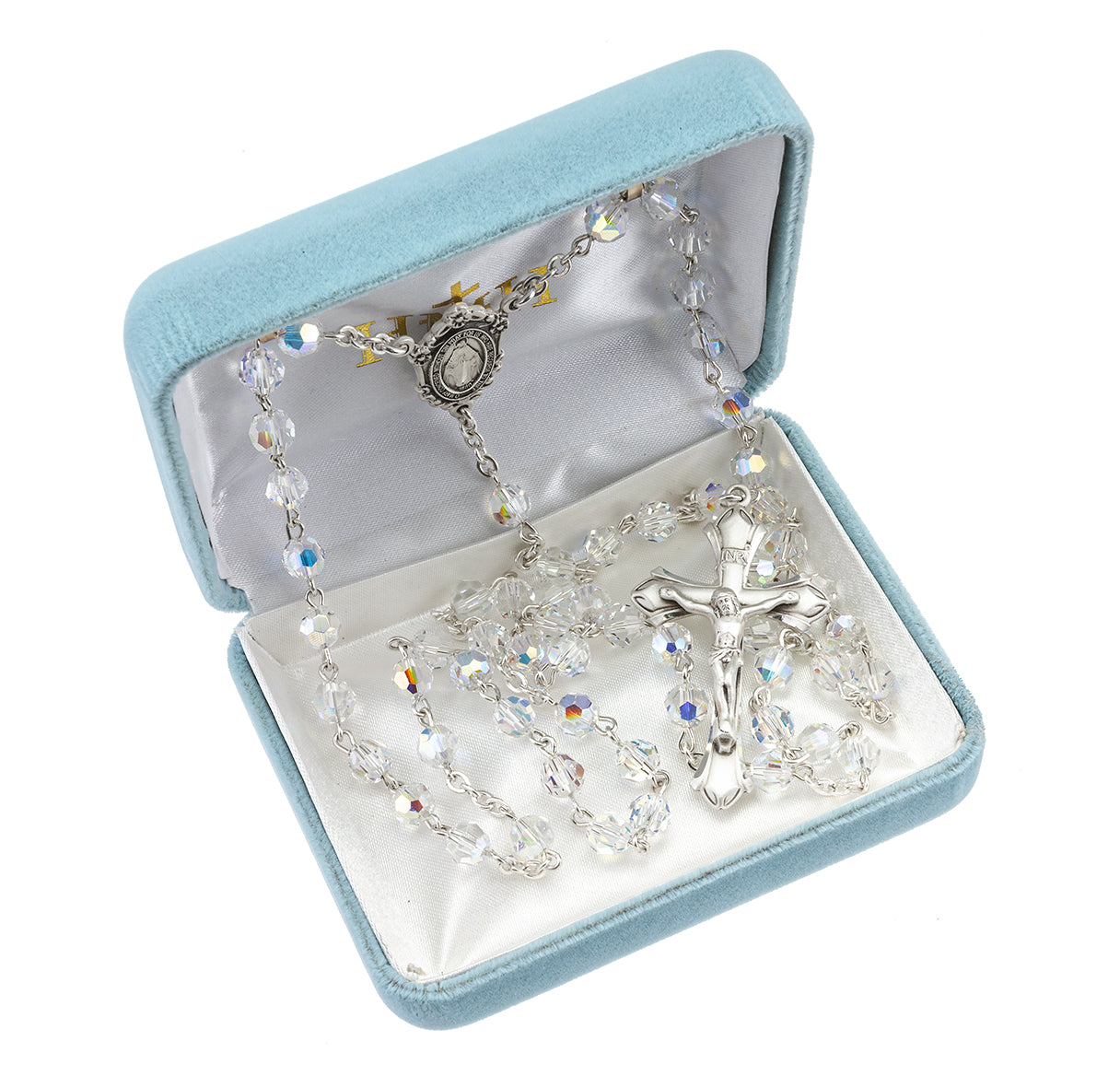 Rosary Sterling Crucifix and Centerpiece Created with finest Austrian Crystal 6mm Faceted Round Aurora Borealis Beads by HMH