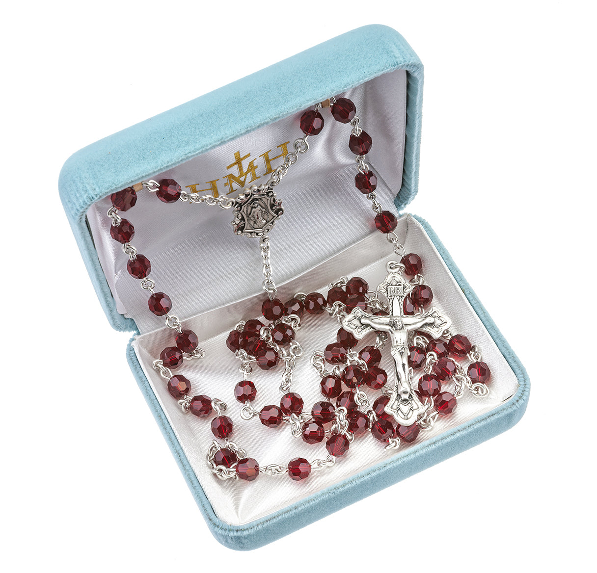 Rosary Sterling Crucifix and Centerpiece Created with finest Austrian Crystal 6mm Faceted Round Ruby Beads by HMH