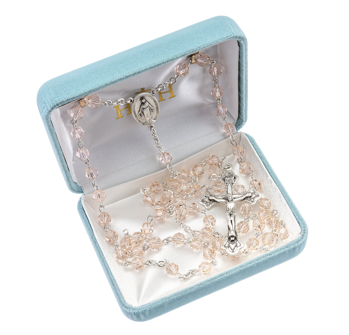 Rosary Sterling Crucifix and Centerpiece Created with finest Austrian Crystal 6mm Faceted Round Silk Beads by HMH