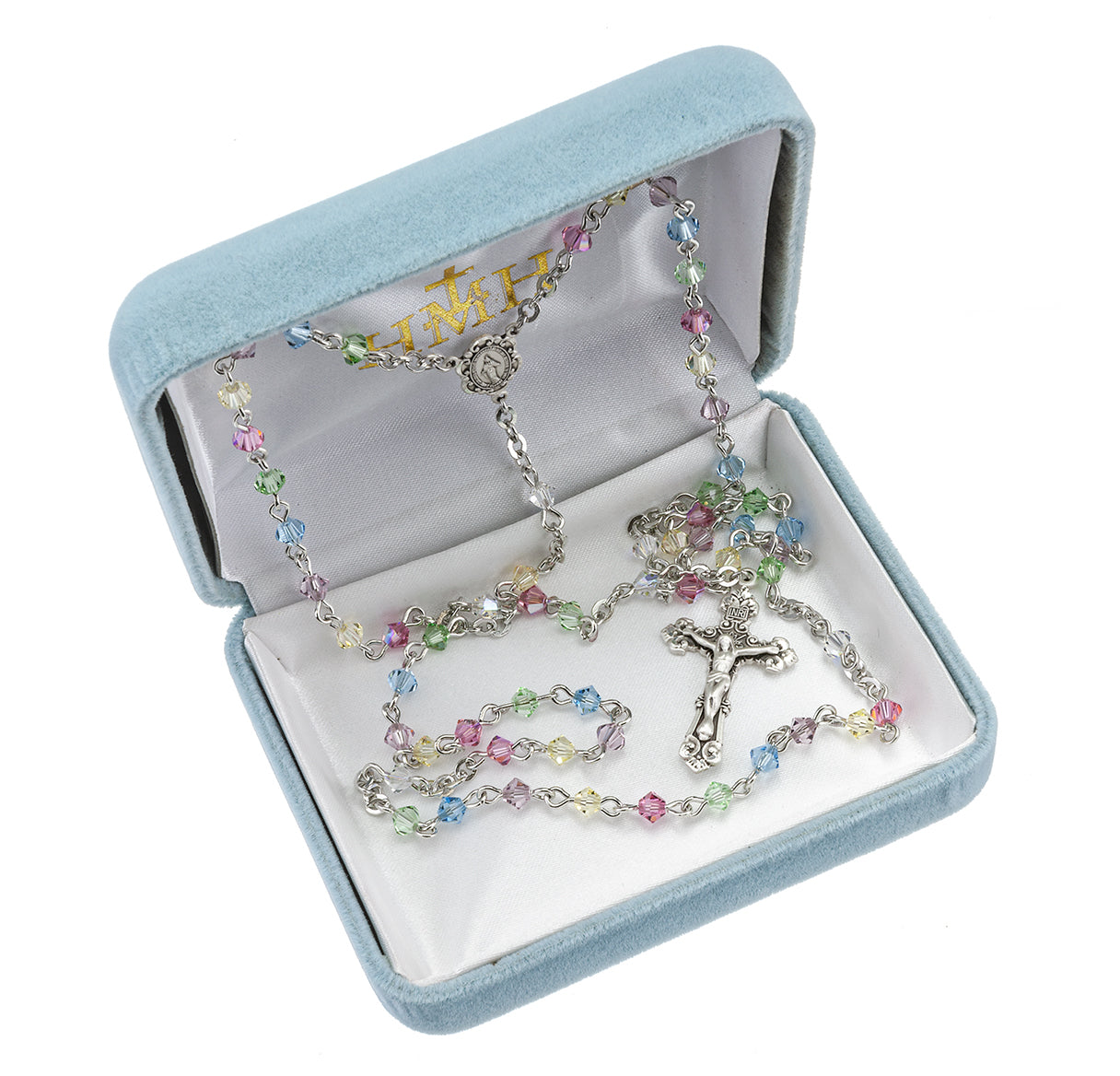 Rosary Sterling Crucifix and Centerpiece Created with finest Austrian Crystal 4mm Faceted Tin Cut Bicone Beads in Multi-Color by HMH