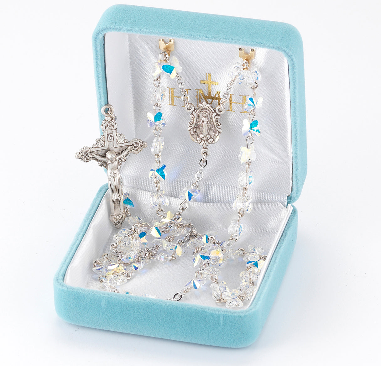 Rosary Sterling Crucifix and Centerpiece Created with finest Austrian Crystal 6mm Butterfly Beads in Aurora Borealis by HMH