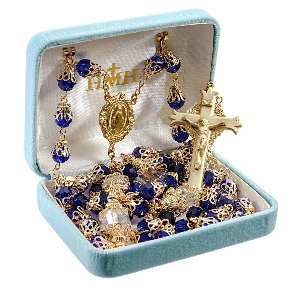 8mm Cobalt Blue Faceted Glass Bead Rosary with 12mm Double Capped O.F. Beads a Solid Brass Crucifix and Center