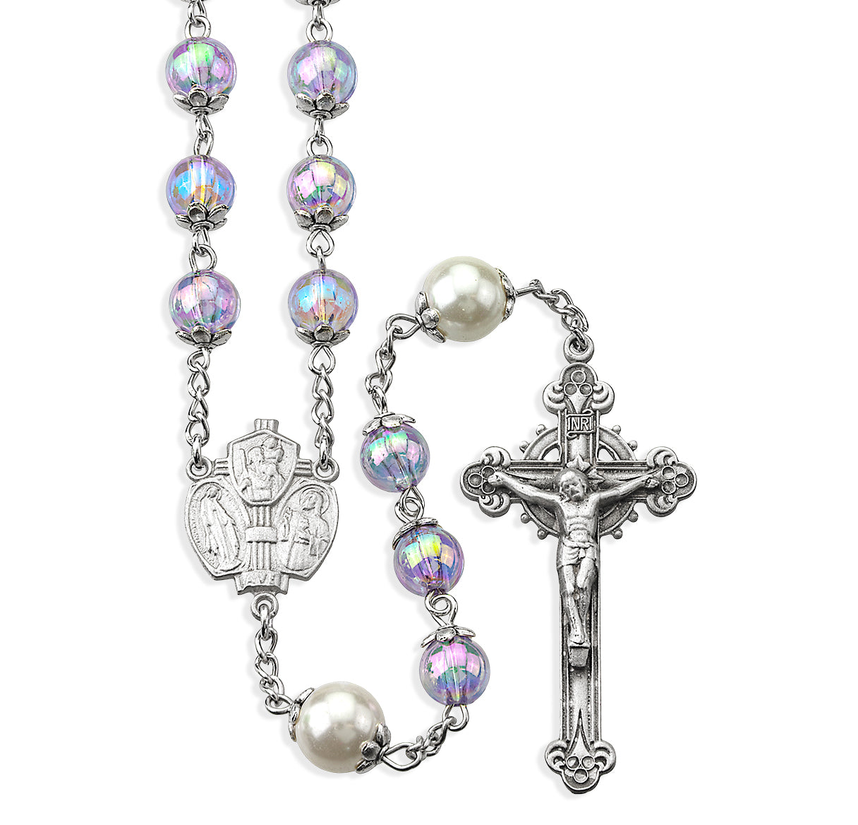8mm Light Amethyst Glass Shimmer Beads with 10mm O.F. Beads. Pewter Crucifix and Center