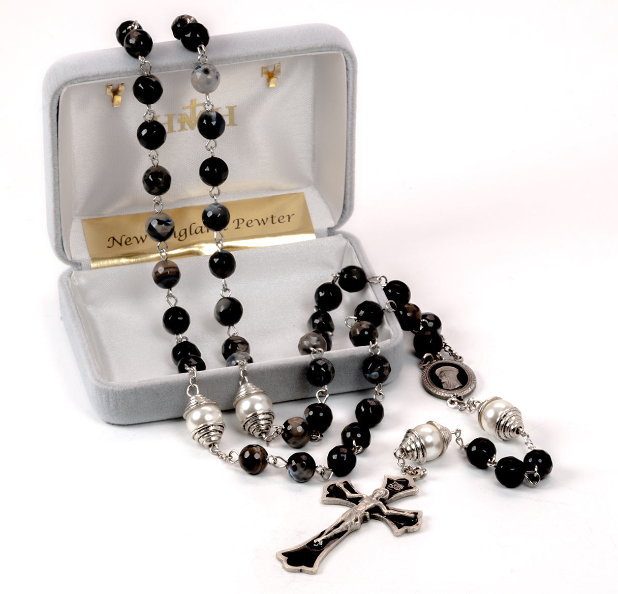 8mm Black and Grey Onyx Gemstone Rosary with Black Epoxy Genuine Pewter Crucifix and Center