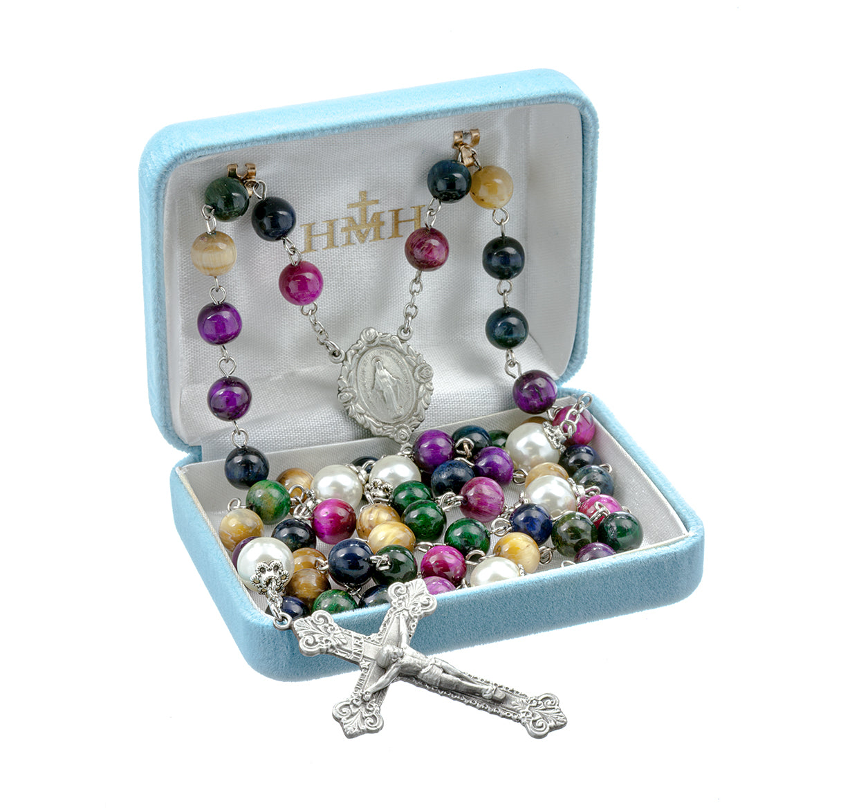 8mm Multi-Colored Dyed Tiger Eye Gemstone Bead Rosary made with Genuine Pewter Crucifix and Centerpiece