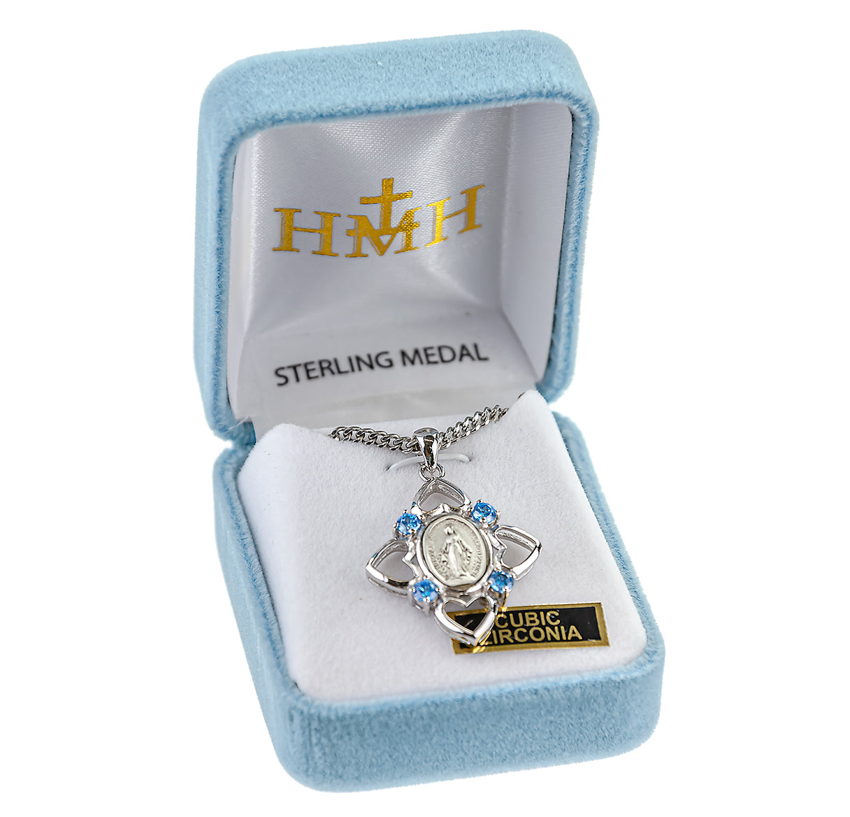 Sterling Silver Aqua Cubic Zirconia "CZ" Miraculous Medal